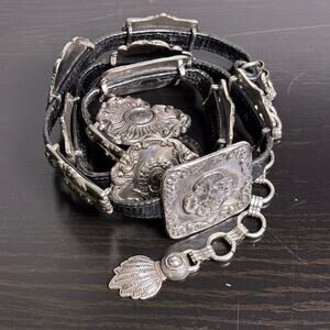 Vintage Brighton 1993 Silver Cameo Concho Medallion Belt silver buckle black M